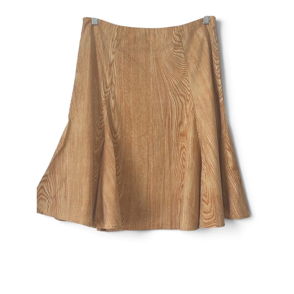 Isaac MizrahiWomens Wood Grain Print A-Line Midi Skirt Tan Brown Textured 12